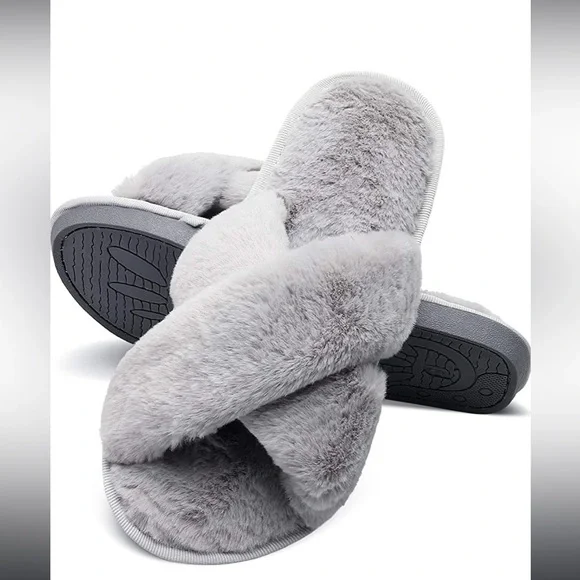 JOINFREE Women's Fluffy Slippers Plush Faux Fur Spa Sandal Shoes Gray size Large - Picture 5 of 11